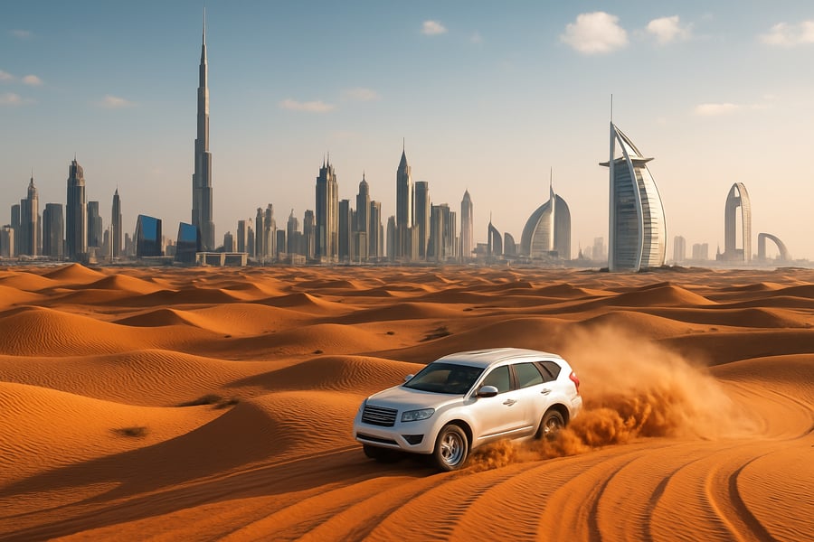Dubai skyline with famous landmarks and desert adventure Dubai skyline with famous landmarks and desert adventure