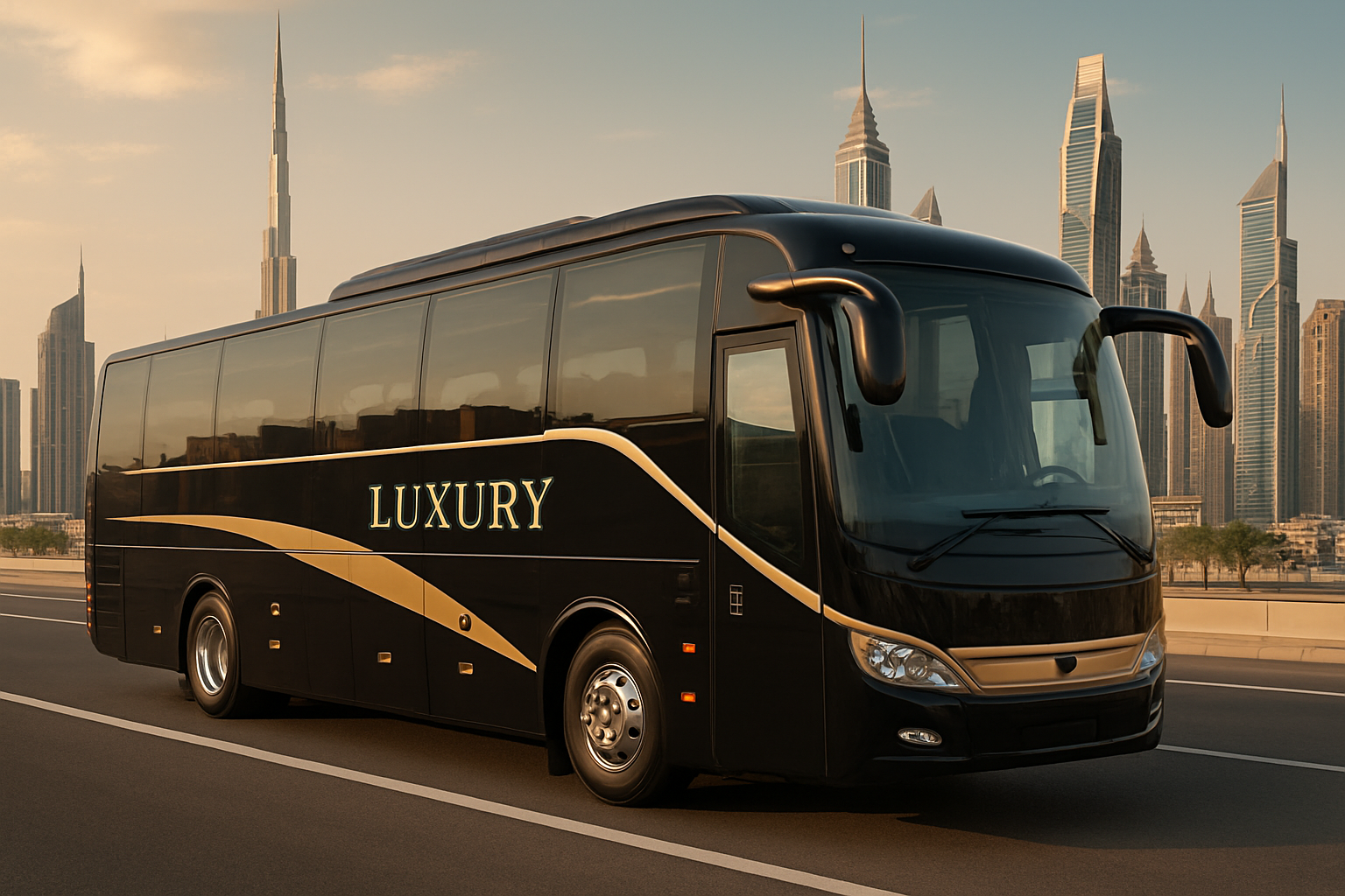 Luxury tour bus in Dubai cityscape